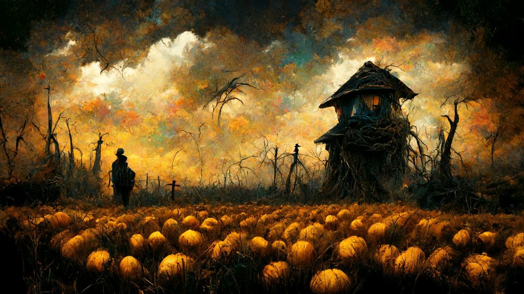Frank3D A haunted house in the distance with Halloween scarecro 75184f65 f875 47af bd65 5a0d4a6c2c9f
