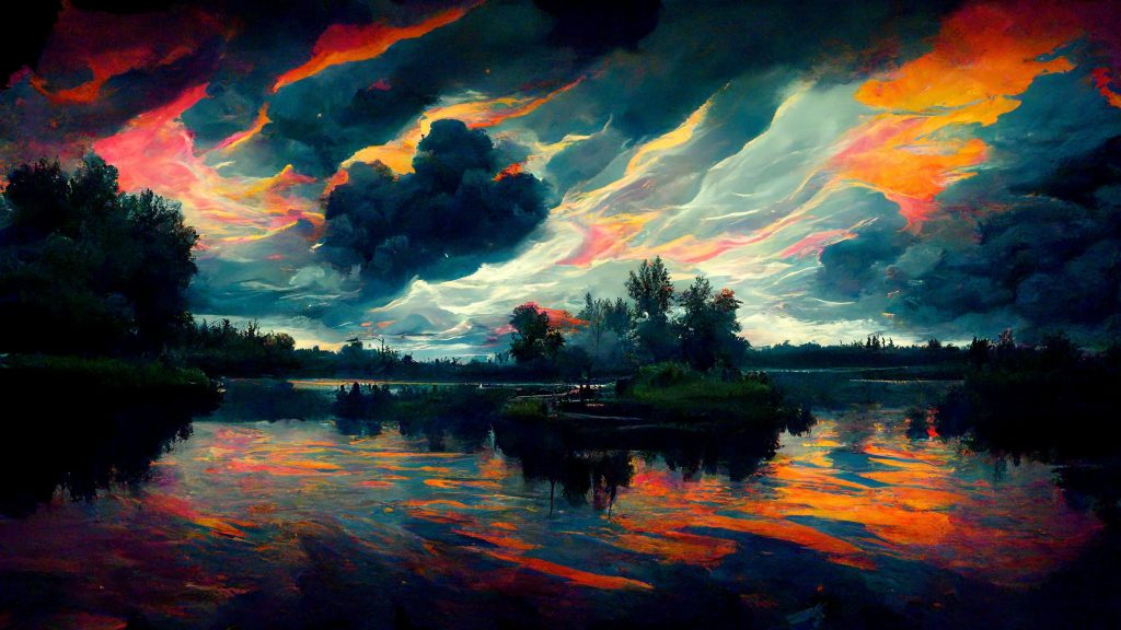 Frank3D a tie dye cloudy sky over a lake in the evening oil pai 87db9289 da3c 4932 bc30 50f1fc73d054