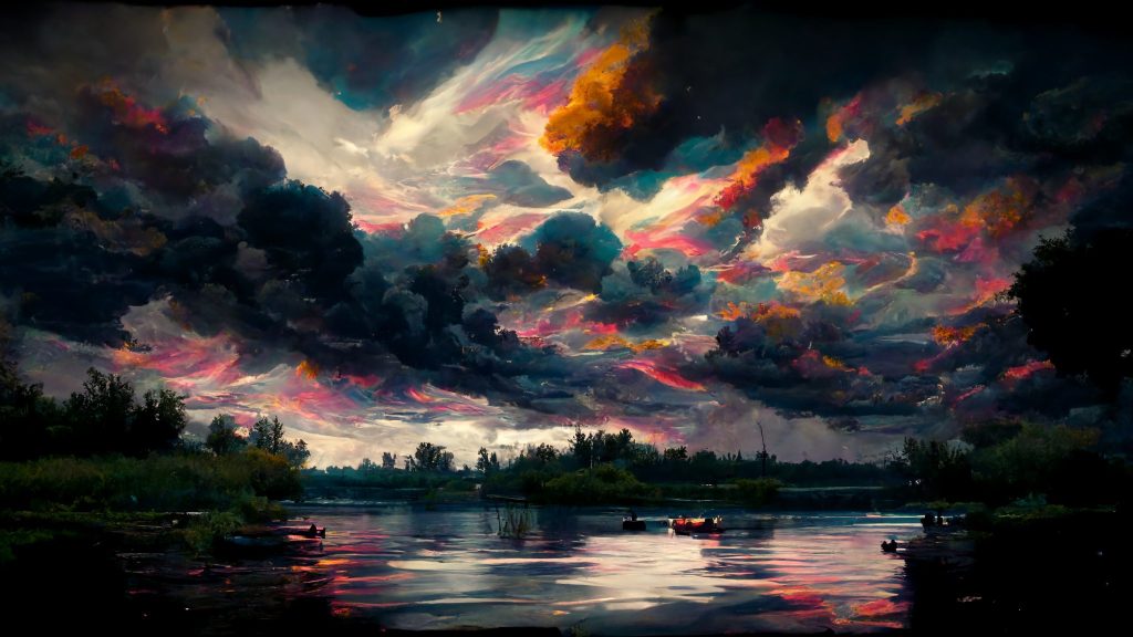 Frank3D a tie dye cloudy sky over a lake in the evening oil pai a85370bd 9262 4959 875b 6cca9b11fc80