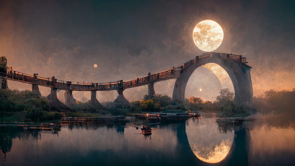 Frank3D clock gears bridge over water with large full moon refl 27c8e74d b375 4d42 970a 75f34bb74372