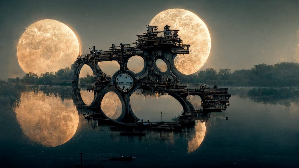 Frank3D clock gears bridge over water with large full moon refl 69c3d242 d5f4 4cd9 a5d8 cd5213df88a7