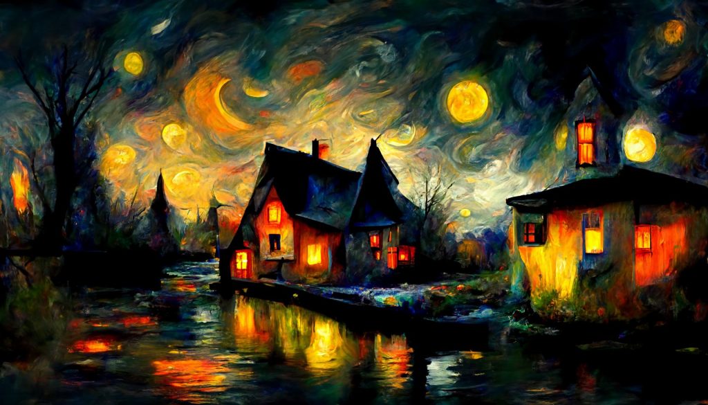 Frank3D A Halloween starry night houses by the river leonid afr dcf78c78 17b7 411b b219 d2a03c005b03