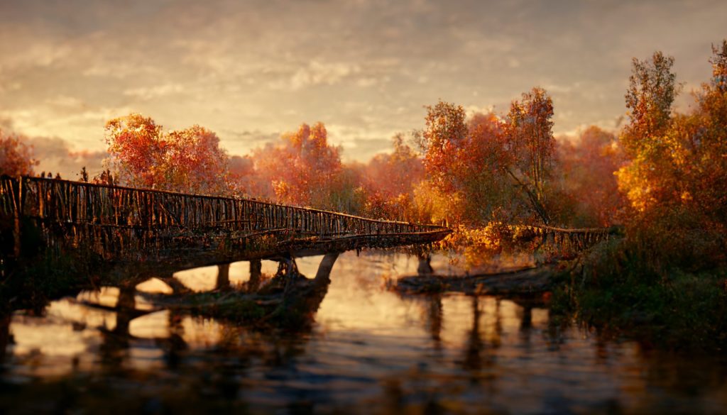 Frank3D Autumn sunset river along a walkway with a wooden bridg 4f15bc5a cf8d 4cf3 8035 58c7f614e16a