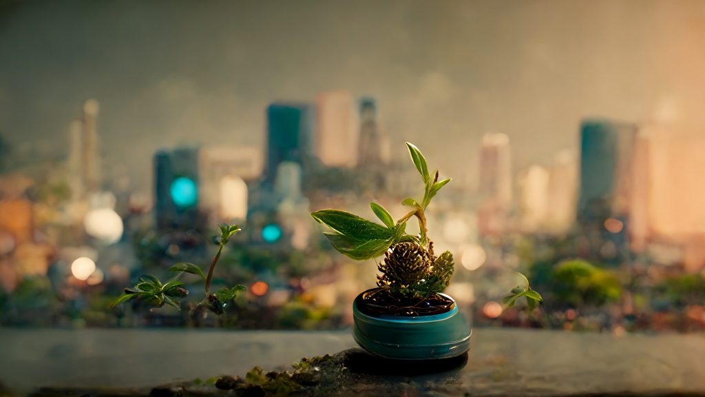 Frank3D city growing out of a potted plant on a computer desk l c87aa317 9202 4db8 a78d febc238df23d