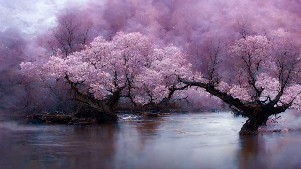 Frank3D ethereal cherry blossom tree river. Violet lighting pho b2cb7516 66eb 44b1 a53c 6f525fb534dd