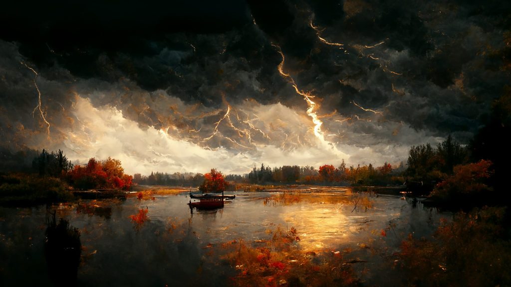 Frank3D lighting strike stormy sky over a lake in the fall. oil 34746d73 bb0a 4a0a 8b8c 3a7c4436981c