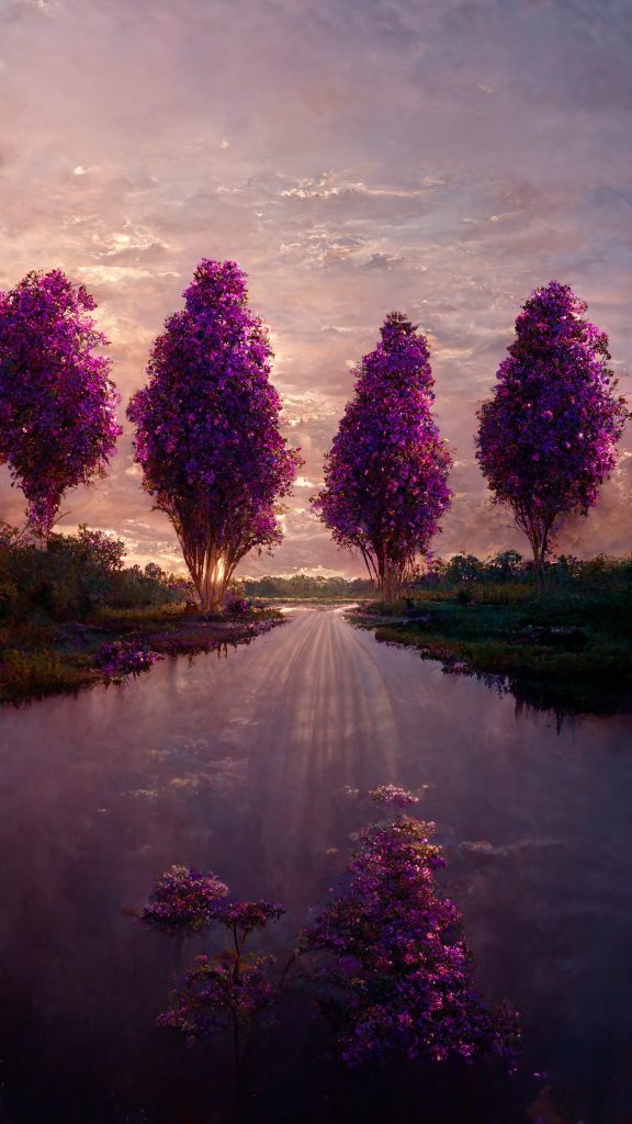Frank3D purple crepe myrtle trees in a row dirt road beside a r 25997c70 899b 4029 9edd d3453d269b99