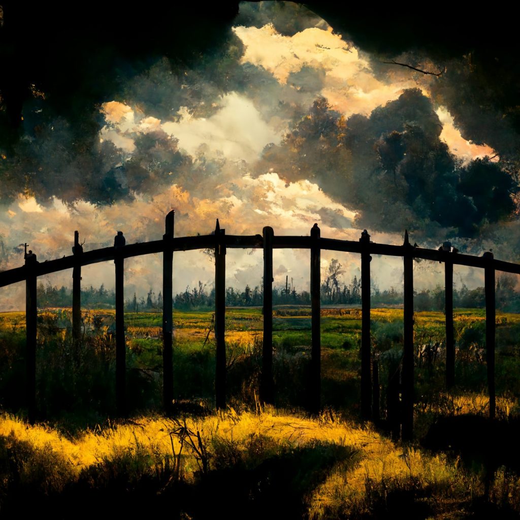 Frank3D wide wrought iron gate wooden frame prairie field in th 65ee5b19 408e 4305 ad19 e5c8cc51f125