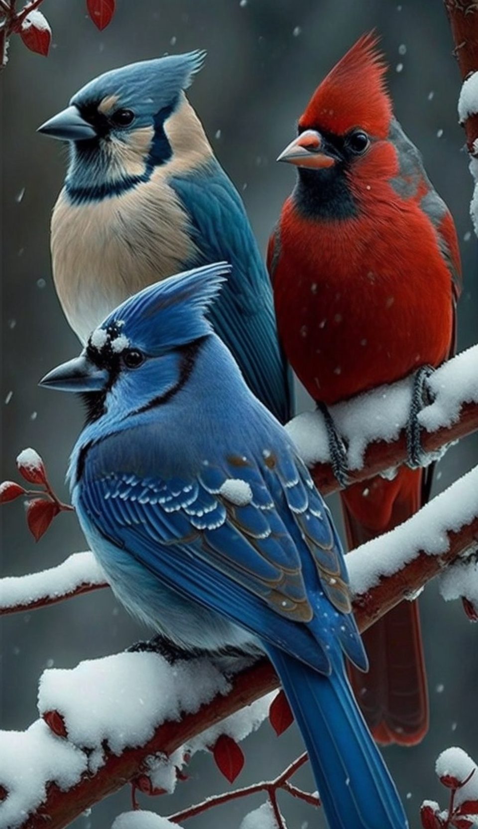 Blue Jays and Cardinals in the snow - phone wallpaper