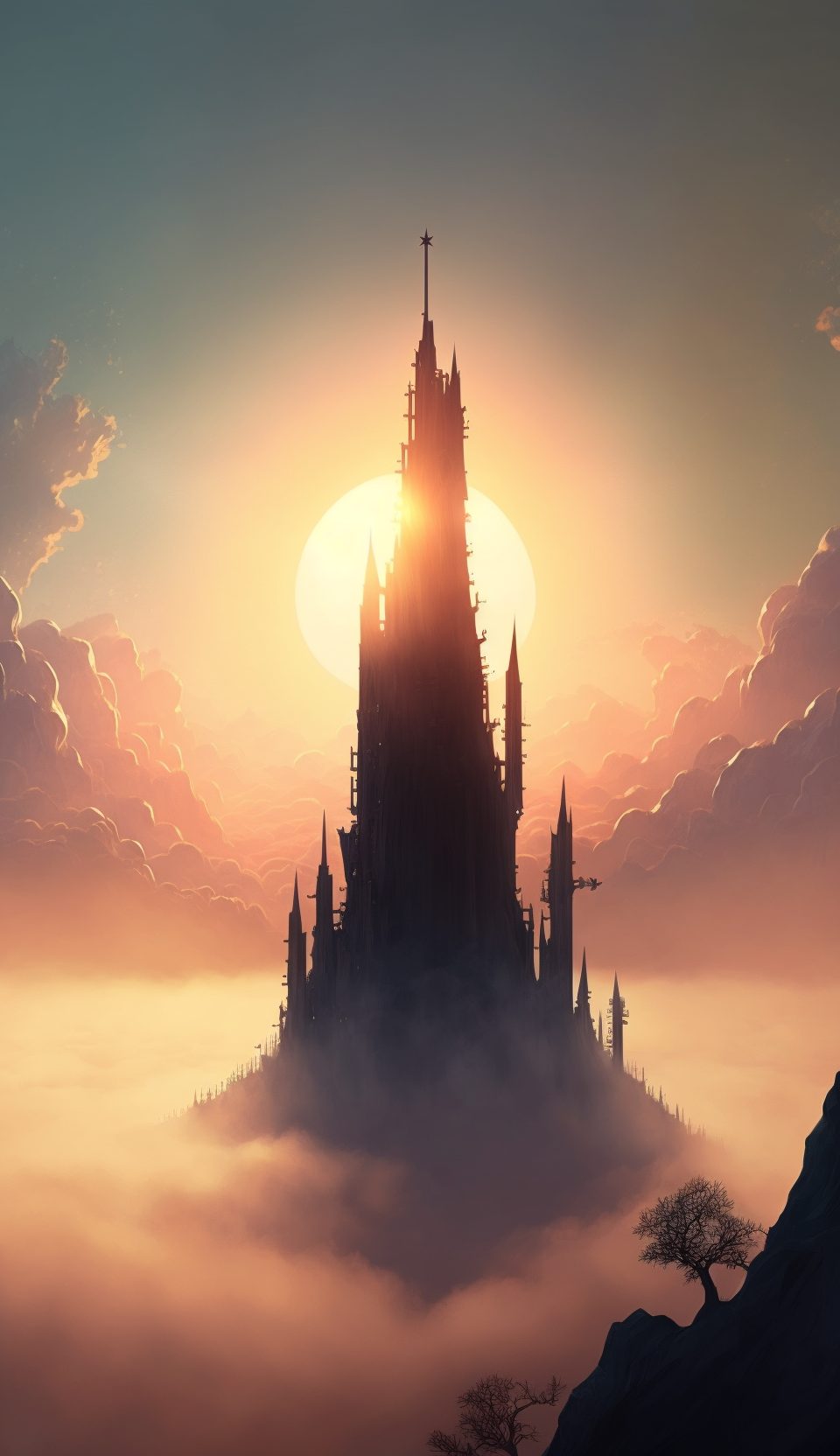 Frank3D castle spire poking out above the clouds bright sun ris 02acf43b 0964 4a66 a41c 5e85364640ca