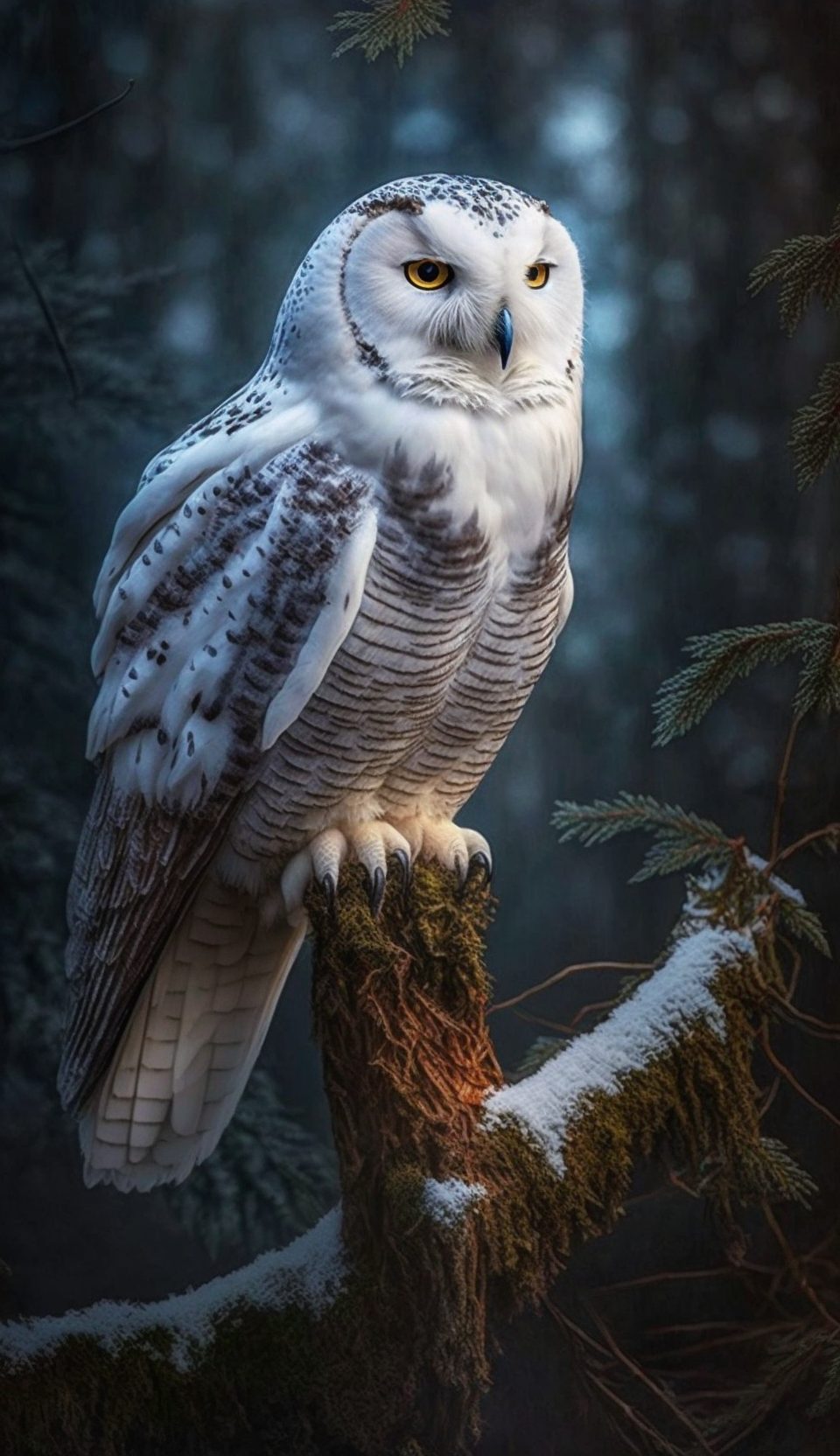 Frank3D snowy owl on a branch in the woods. 6c9d4d04 e35f 4271 a418 c1d3e61c5325