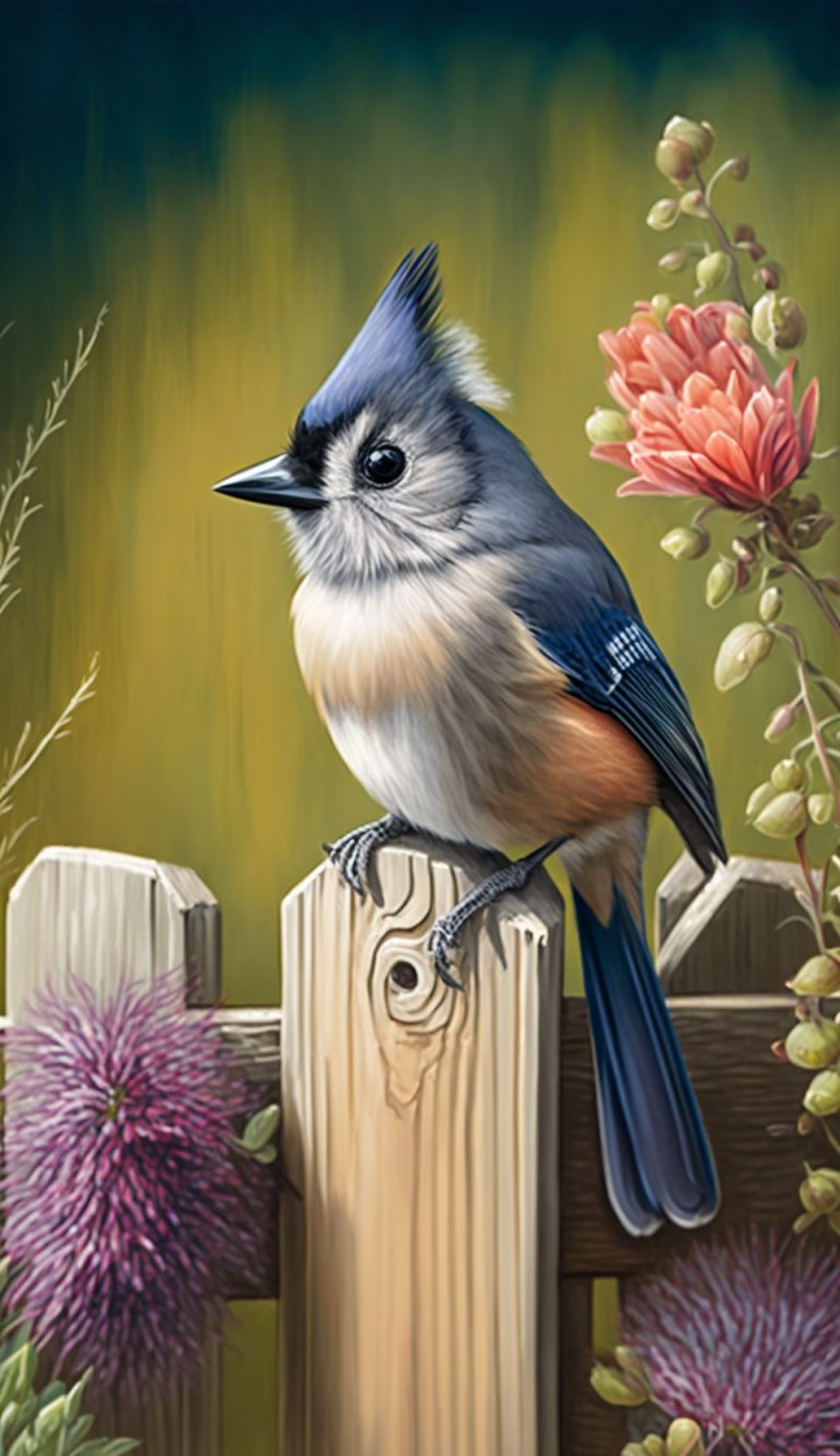 Frank3D_tufted_titmouse_sniffing_on_wooden_fence_next_to_some_b_ba29b2b1-4256-409e-9279-792d39c620aa