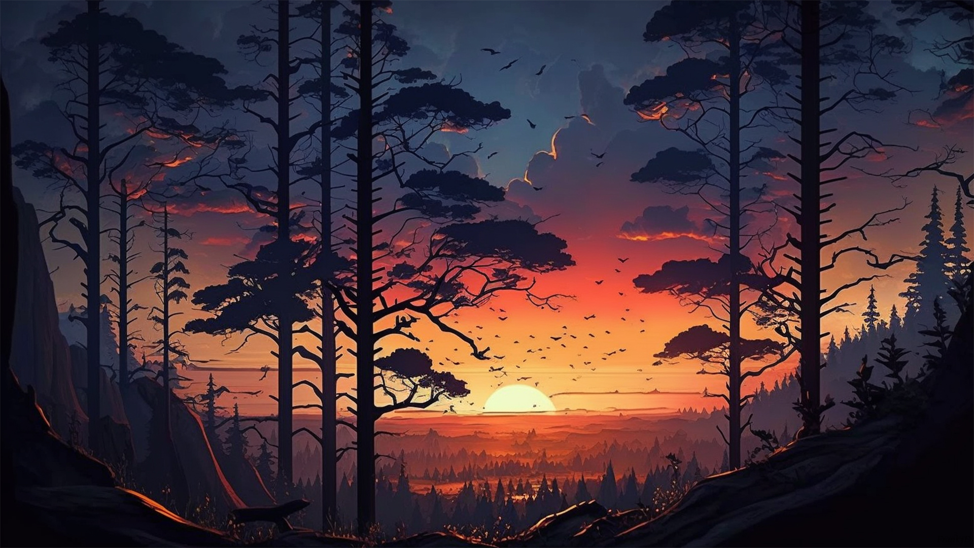 amazing sunset over forest tree tops