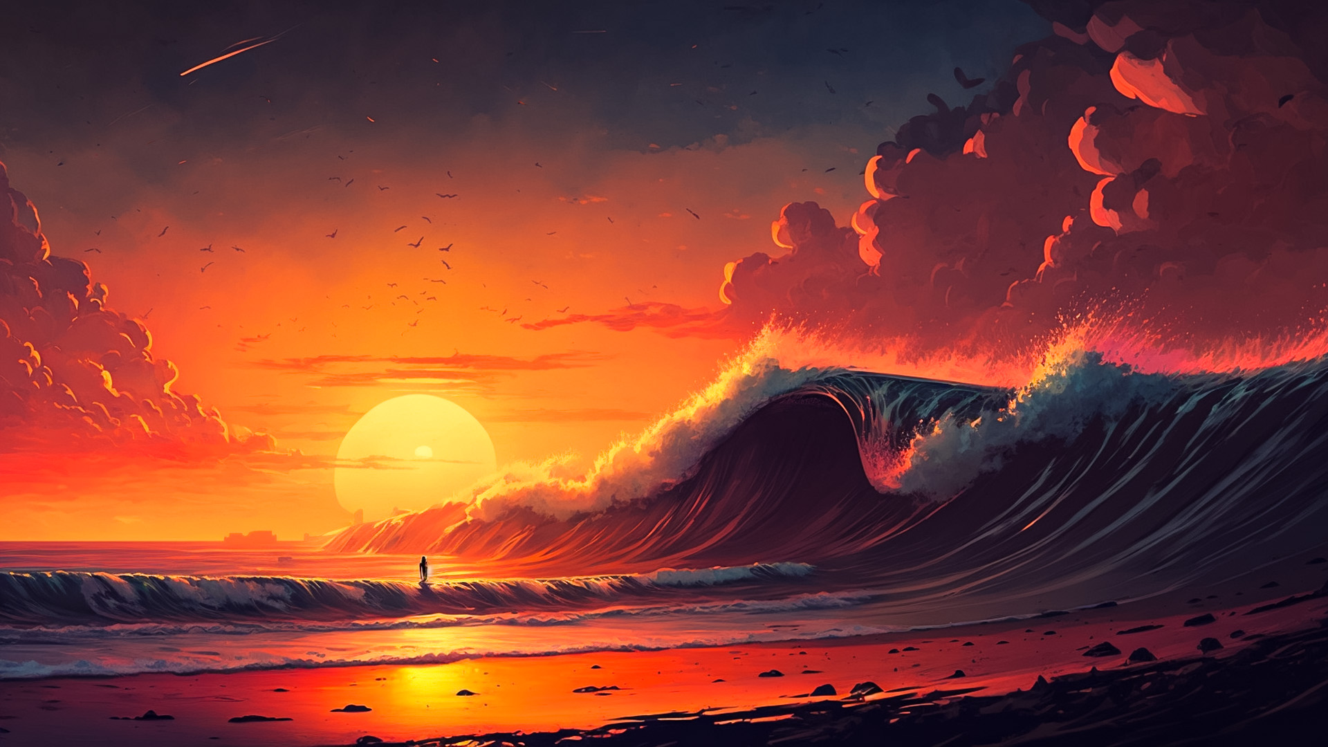 a beautiful sunset with a large wave.